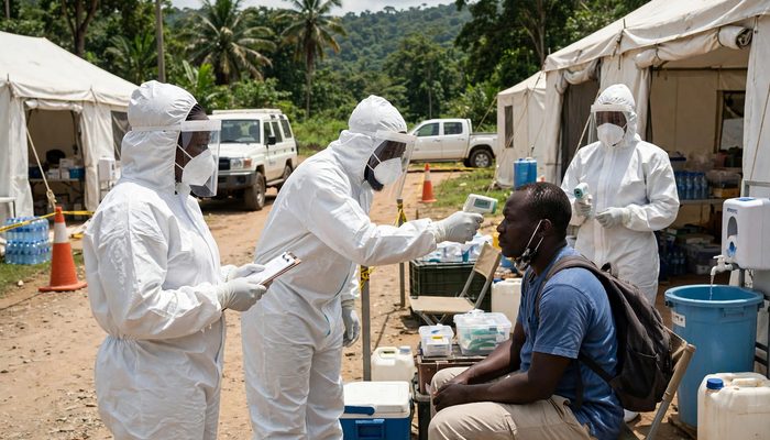 Trabajadores sanitarios con equipo de protección ante el brote de ébola en Congo.